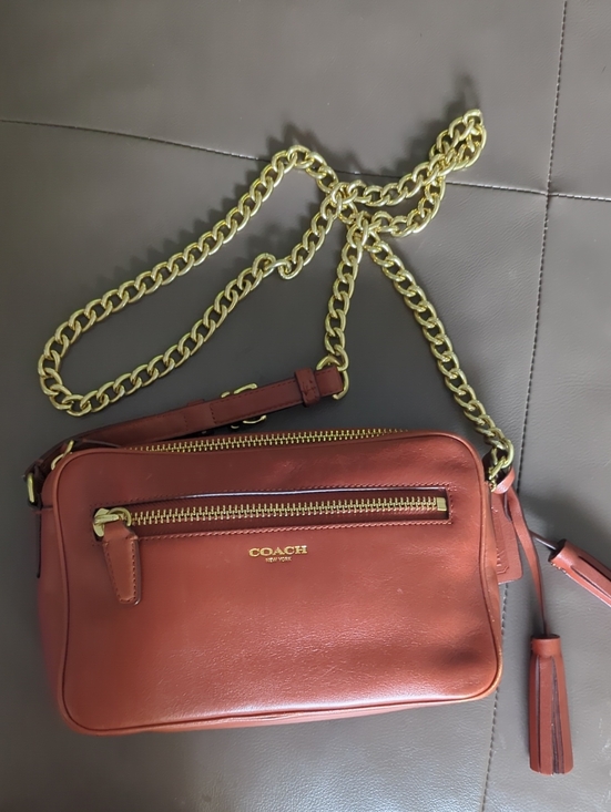 Coach Handbags - COACH Brown Leather Crossbody with Gold Chain